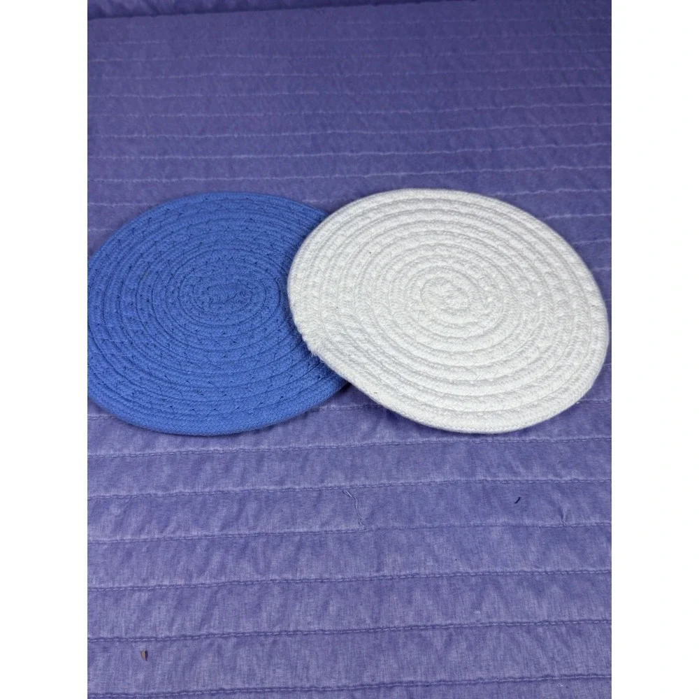 Blue White Heart Coiled Rope Pot/Pan Coasters Set of 2 Woven Cottage Coastal